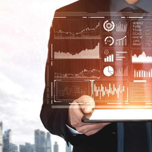 Data Analysis for Business and Finance Concept. Graphic interface showing future computer technology of profit analytic, online marketing research and information report for digital business strategy.