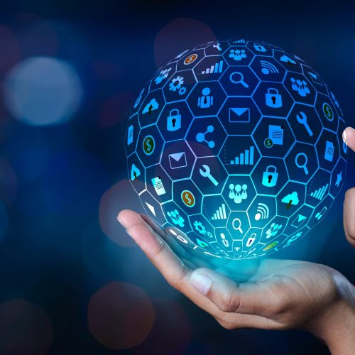 icon Internet World In the hands of a businessman network technology and communication Space input data